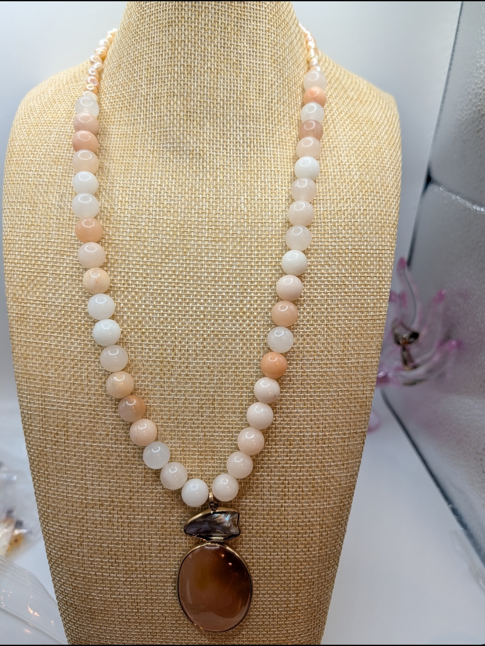 Peach & Cream Beaded Pendant With Gray Baroque Pearl Necklace - Unbranded